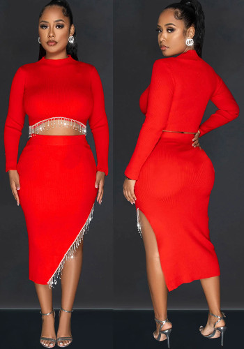 Women Solid Long Sleeve Dress Two Piece Set
