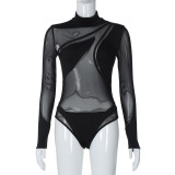 Women Winter Sexy Mesh Patchwork See-Through Long Sleeve Jumpsuit
