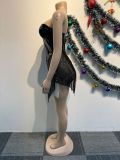 Women Sexy Sequined Mesh See-Through Irregular Slit Strapless Mini Dress
