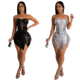 Women Sexy Sequined Mesh See-Through Irregular Slit Strapless Mini Dress
