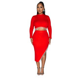 Women Solid Long Sleeve Dress Two Piece Set