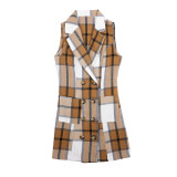 Women's Fashion Plaid Long Vest Turndown Collar Sleeveless Blazer