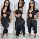 Sexy Off Shoulder Deep V Pleated Top Trousers Two Piece Set