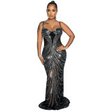 Fashion Women's Solid Color Mesh Beaded Strap Long Dress