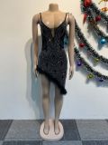 Women Sexy Beaded Mesh Patchwork See-Through Feathered Bodycon Mini Dress