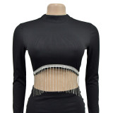 Women Solid Long Sleeve Dress Two Piece Set