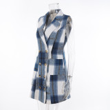 Women's Fashion Plaid Long Vest Turndown Collar Sleeveless Blazer