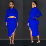 Women Solid Long Sleeve Dress Two Piece Set