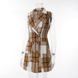 Women's Fashion Plaid Long Vest Turndown Collar Sleeveless Blazer