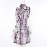 Women's Fashion Plaid Long Vest Turndown Collar Sleeveless Blazer