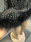 Women Sexy Beaded Mesh Patchwork See-Through Feathered Bodycon Mini Dress