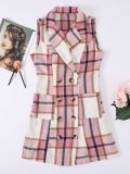 Women's Fashion Plaid Long Vest Turndown Collar Sleeveless Blazer