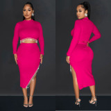 Women Solid Long Sleeve Dress Two Piece Set