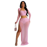 Fashion Women's Solid Color Mesh Beaded Long Sleeve Top Long Skirt Two Piece Set