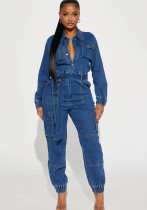 Stylish Street Style Slim Waist Tight Fitting Multi-Pocket Elastic Waist Denim Cargo Jumpsuit Stylish Street Style Slim Waist Tight Fitting Multi-Pocket Elastic Waist Denim Cargo Jumpsuit