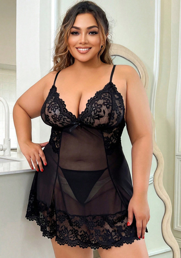 Plus Size Erotic Lingerie Sexy See Through Lace Mesh Strap Nightdress