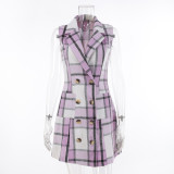 Women's Fashion Plaid Long Vest Turndown Collar Sleeveless Blazer