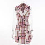 Women's Fashion Plaid Long Vest Turndown Collar Sleeveless Blazer