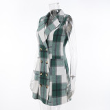 Women's Fashion Plaid Long Vest Turndown Collar Sleeveless Blazer