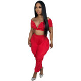 Sexy Off Shoulder Deep V Pleated Top Trousers Two Piece Set