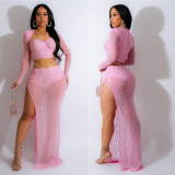 Fashion Women's Solid Color Mesh Beaded Long Sleeve Top Long Skirt Two Piece Set