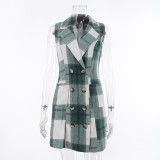 Women's Fashion Plaid Long Vest Turndown Collar Sleeveless Blazer