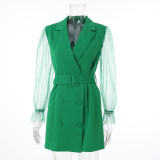 Spring Sexy See-Through Mesh Long Sleeve Double Breasted Slim Waist Chic Women Blazer Dress