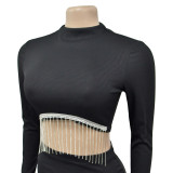 Women Solid Long Sleeve Dress Two Piece Set