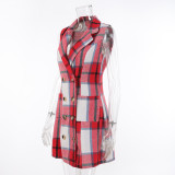 Women's Fashion Plaid Long Vest Turndown Collar Sleeveless Blazer