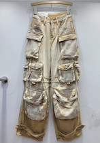 High Street Fashion Gradient Contrast Color Pocket Wide Leg Cargo Denim Women's Trendy Pants