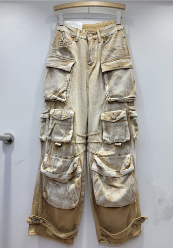 High Street Fashion Gradient Contrast Color Pocket Wide Leg Cargo Denim Women's Trendy Pants
