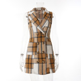 Women's Fashion Plaid Long Vest Turndown Collar Sleeveless Blazer