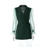 Spring Sexy See-Through Mesh Long Sleeve Double Breasted Slim Waist Chic Women Blazer Dress
