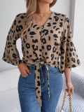 Women Casual Leopard Print Lace Up Chiffon Top