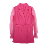 Spring Sexy See-Through Mesh Long Sleeve Double Breasted Slim Waist Chic Women Blazer Dress