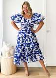 Women Elegant Print Off Shoulder Puff Sleeve Dress