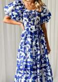 Women Elegant Print Off Shoulder Puff Sleeve Dress