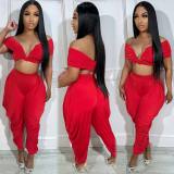 Sexy Off Shoulder Deep V Pleated Top Trousers Two Piece Set