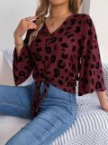 Women Casual Leopard Print Lace Up Chiffon Top