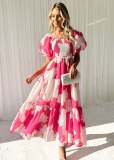 Women Elegant Print Off Shoulder Puff Sleeve Dress