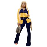 Women Solid Patchwork Crop Top and Bell Bottom Pant Two-piece Set