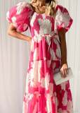 Women Elegant Print Off Shoulder Puff Sleeve Dress