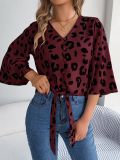 Women Casual Leopard Print Lace Up Chiffon Top