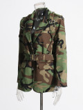 Women Style Camo Print Lace-up Blazer Jacket