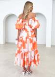 Women Elegant Print Off Shoulder Puff Sleeve Dress