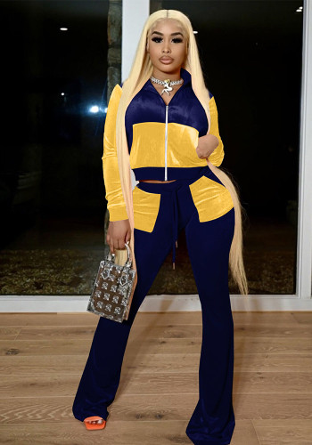 Women Solid Patchwork Crop Top and Bell Bottom Pant Two-piece Set