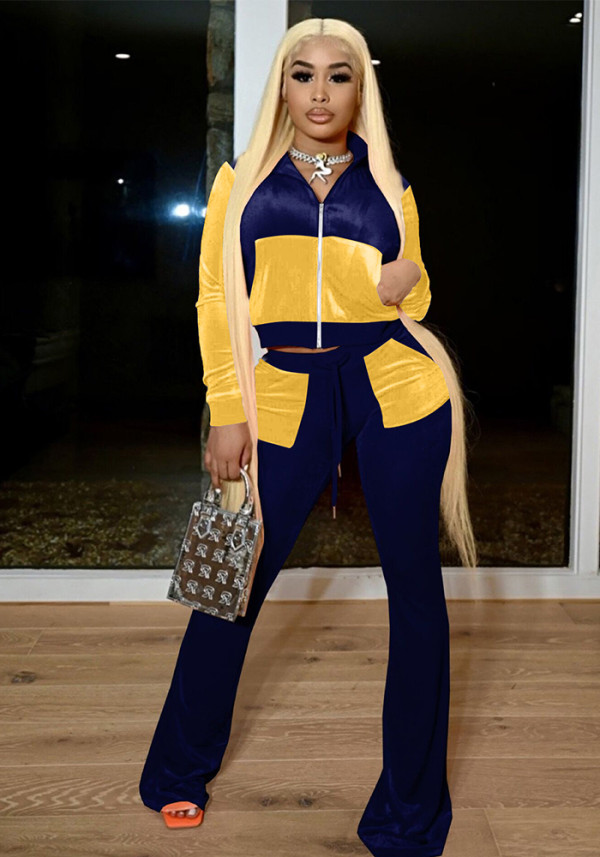 Women Solid Patchwork Crop Top and Bell Bottom Pant Two-piece Set