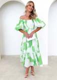 Women Elegant Print Off Shoulder Puff Sleeve Dress