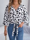 Women Casual Leopard Print Lace Up Chiffon Top