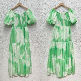 Women Elegant Print Off Shoulder Puff Sleeve Dress